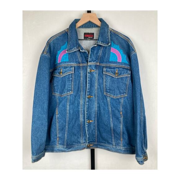 Vtg Sunbelt Sport Embroidered Patchwork Denim Jacket XL Boho Southwest Colorful - Picture 2 of 10